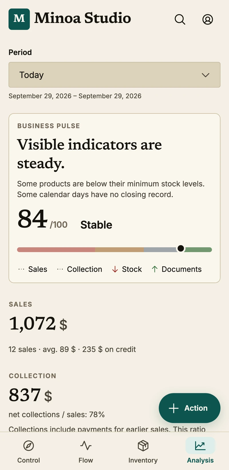 Jordan’s actual Analysis screen showing a sample business’s sales, collections and business pulse.